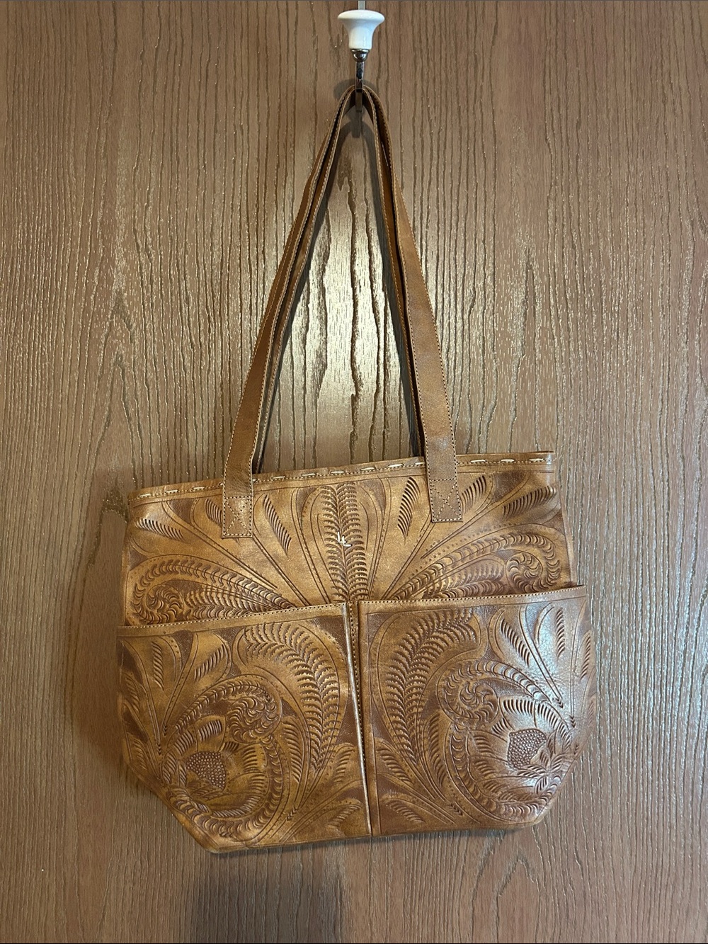 Tooled brown leather shoulder purse